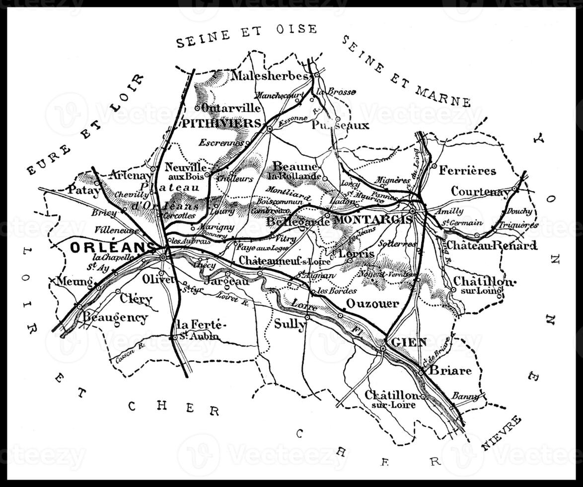 Map of the department of Loiret, vintage engraving. photo