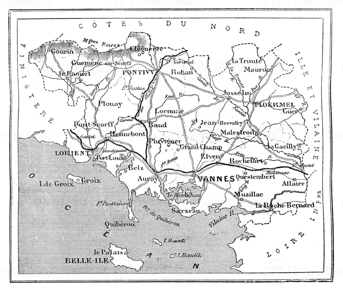 mapa de el Departamento de morbihan, Clásico grabado. foto