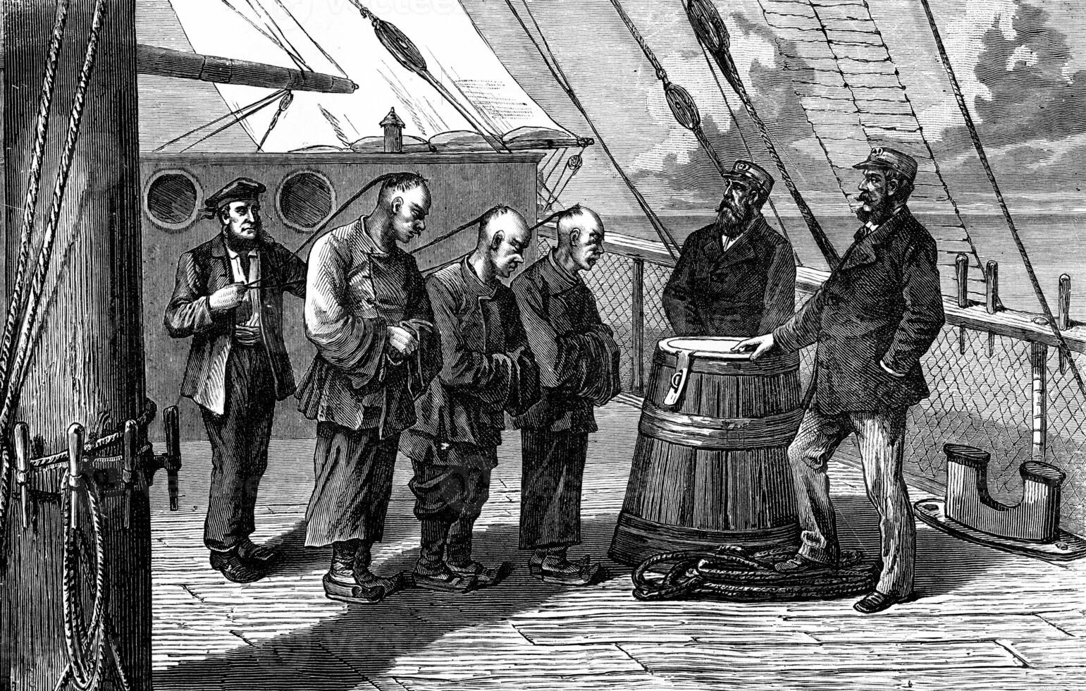 The three culprits. They were taken in the presence of the captain, vintage engraving. photo