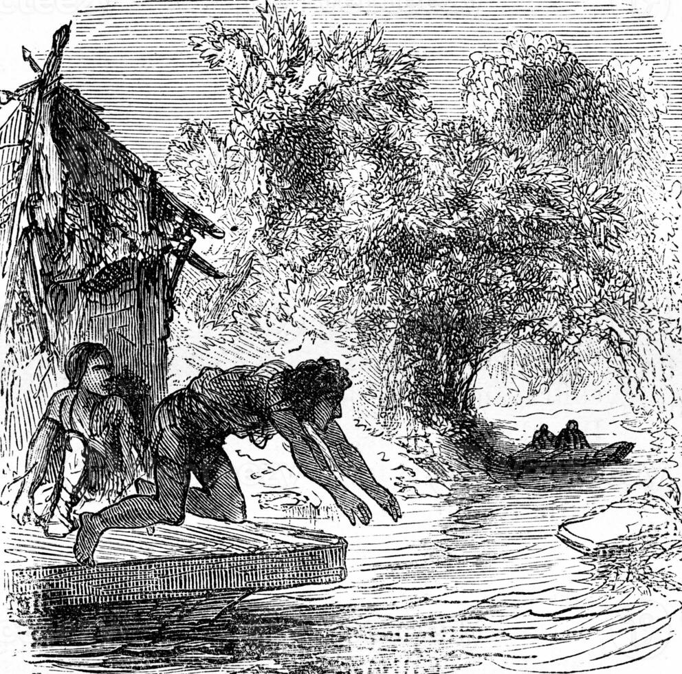 The dramas of India. The enemy of fugitives threw swimming, vintage engraving. photo