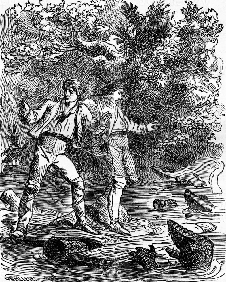 Dramas of India. Ah my God, caimans, vintage engraving. photo