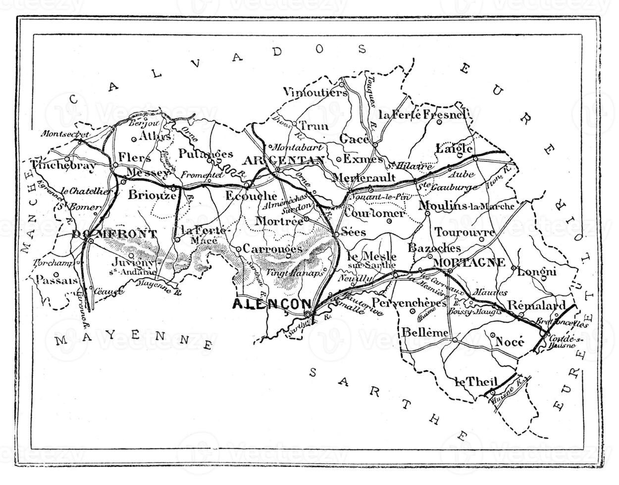 Map of the department of Orne, vintage engraving. photo