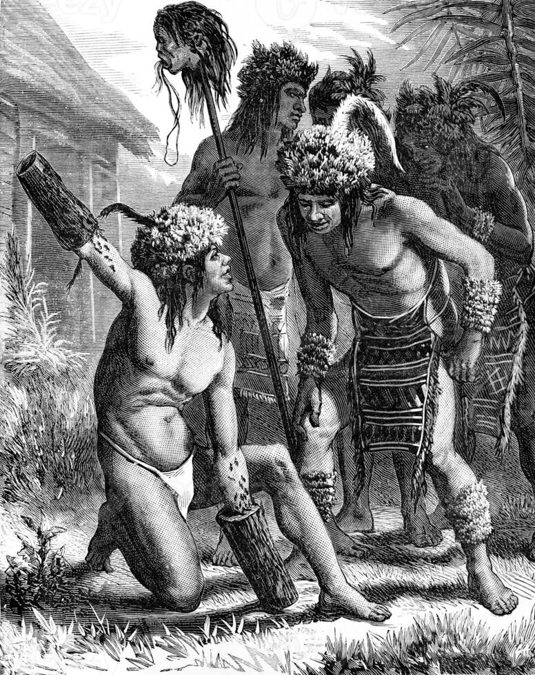 Mundurucus decapitators. His hands in gloves are introduced filled ants, vintage engraving. photo