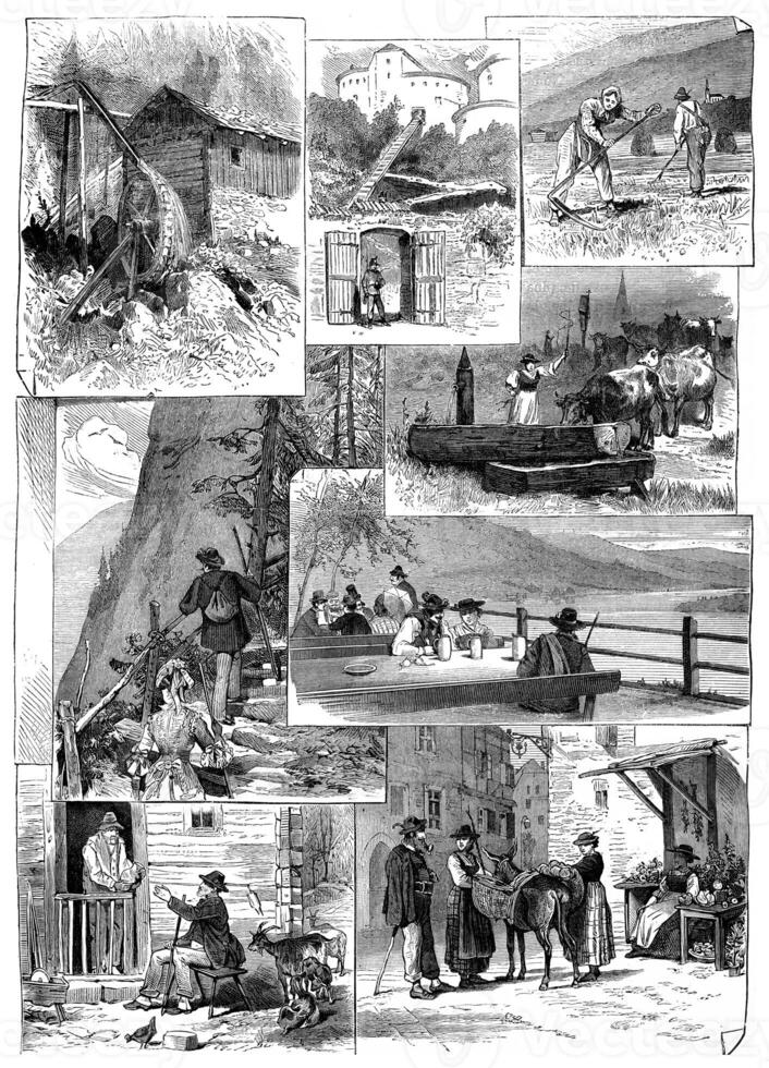 The mill, fort entrance, reapers, trough, stone stairs, brewery,  solitaire and the market,vintage engraved illustration. photo