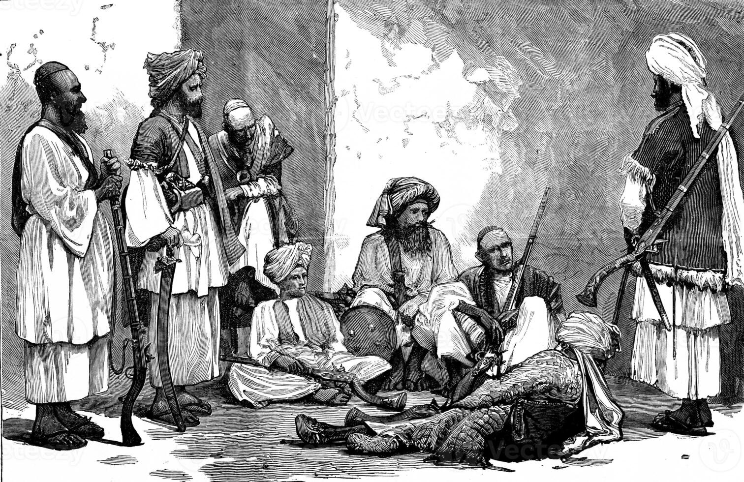 Afghanistan, group of Assidis past of Khyber, vintage engraving. photo