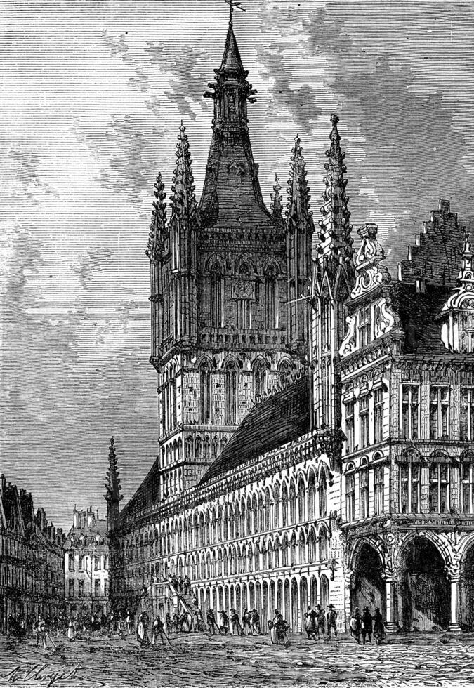 The Town Hall of Ypres, vintage engraving. photo