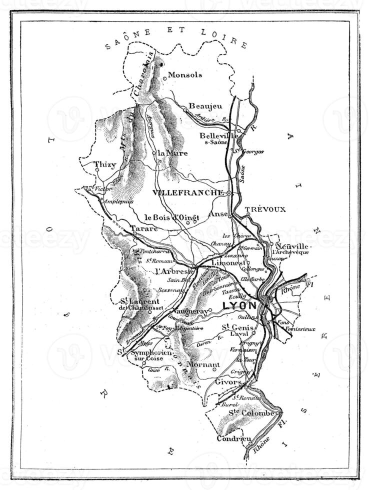 Map of the department of Rhone, vintage engraving. photo