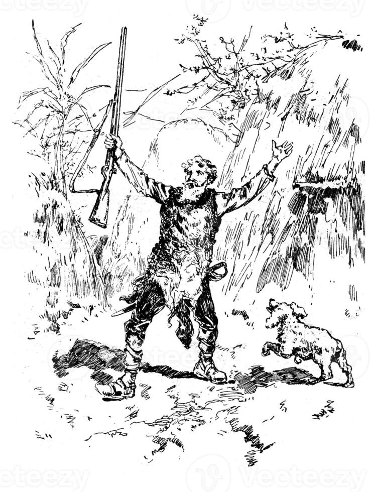 Narcissus nicaise perilous adventures in the Congo. Nicaise out of the hut chanting victory, vintage engraving. photo
