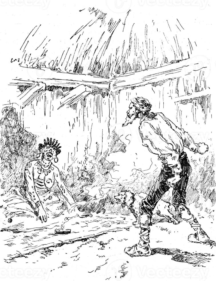 Narcissus Nicaise perilous adventures in the Congo. One screams and rushed another irritating, vintage engraving. photo