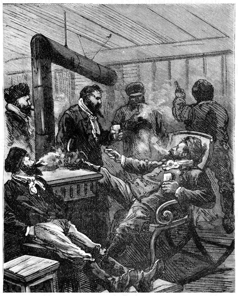 Adventures of an heir worldwide, The four men were enjoying a large grog, vintage engraving. photo