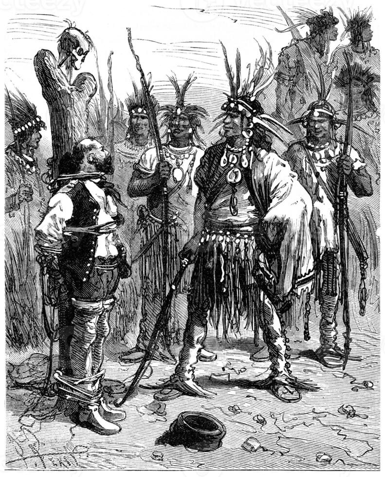 Jacques is attached to the pole torture, vintage engraving. photo