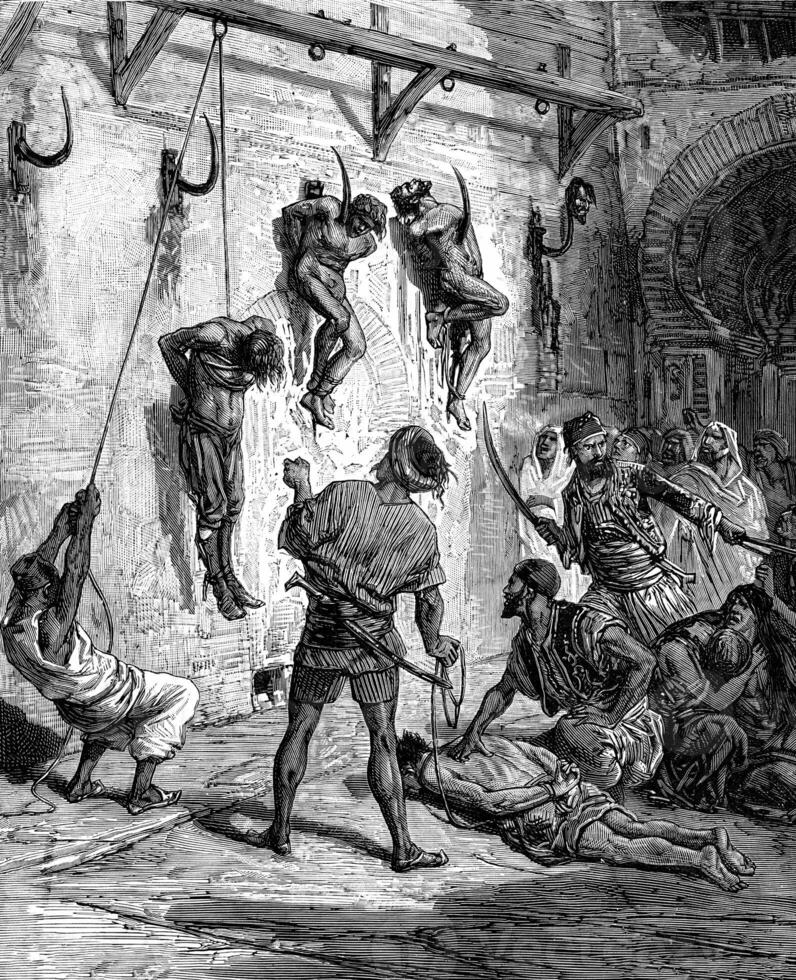 Tunisia. Some were thrown naked on iron hooks attached to walls, vintage engraving. photo