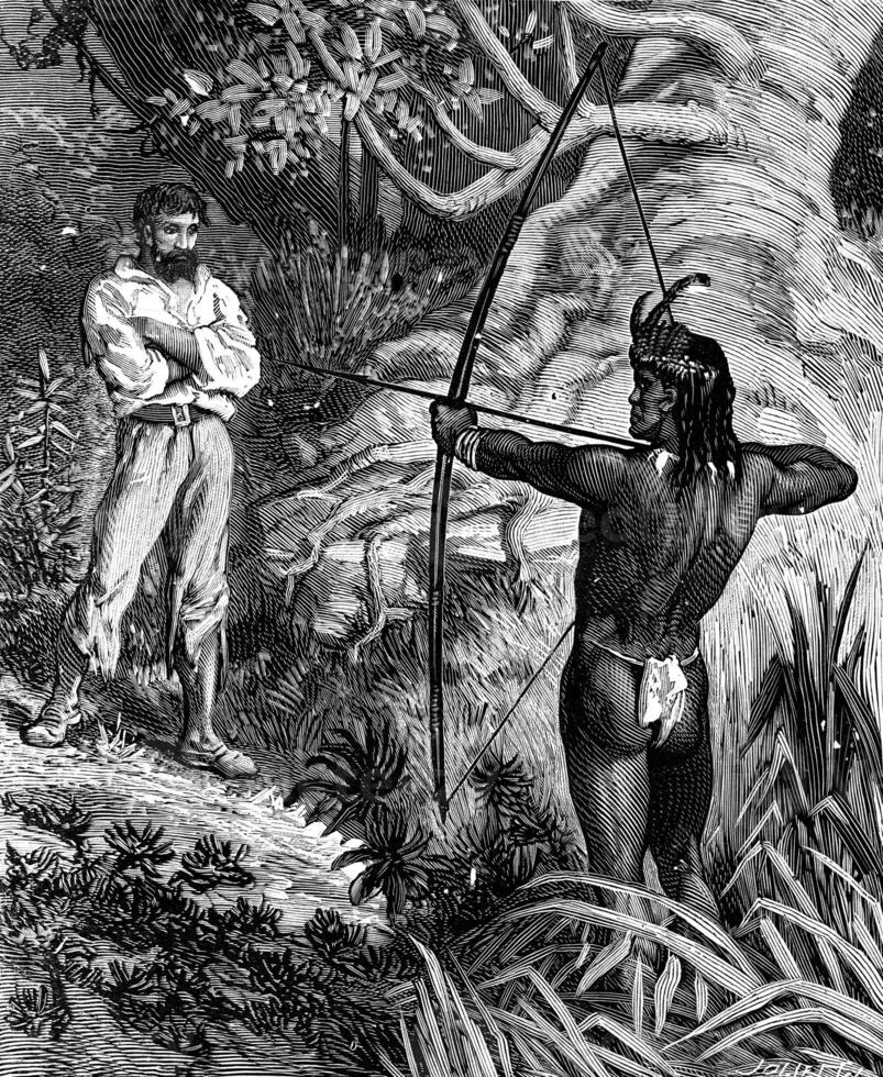 Robinson Crusoe the guyana. A red-skin appeared stretched his bow, vintage engraving. photo