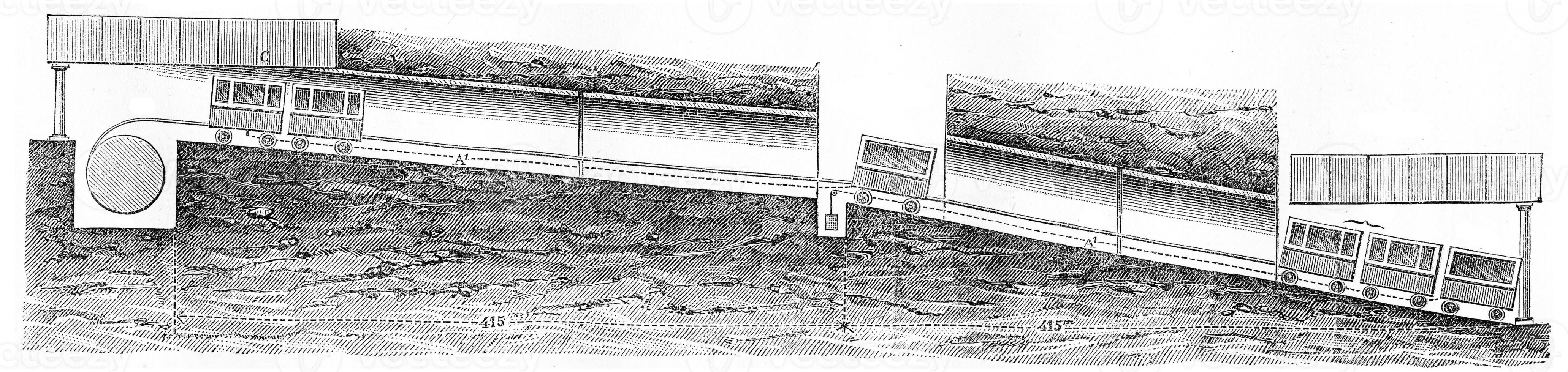 Longitudinal section of the Lyon-Fourviere inclined to Saint-Just plane, vintage engraving. photo