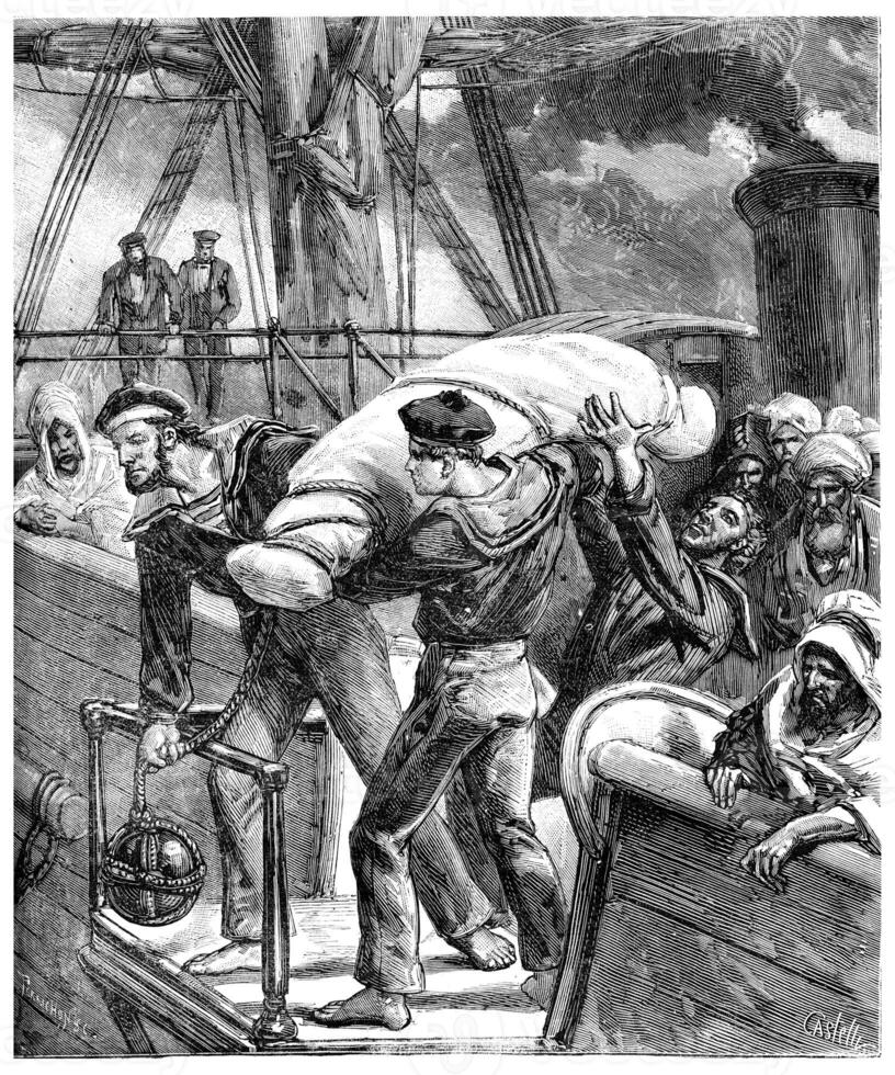 Paris of Lake Tanganyika, Body thrown overboard in the cross of the Red Sea, vintage engraving. photo