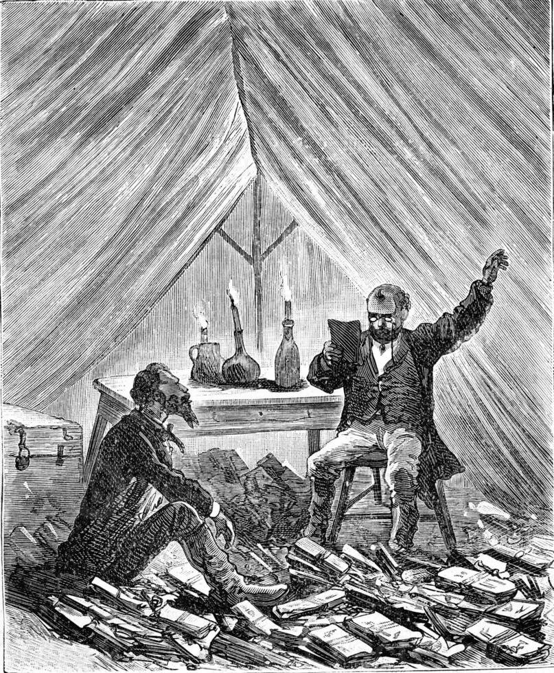 Six thousand miles through South America. Two men in a tent reading books by candlelight. photo