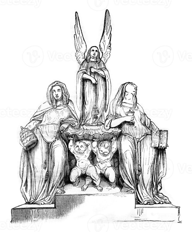 1836 Sculpture Show, A Holy water font, indicated to the church of the Madeleine, vintage engraving. photo