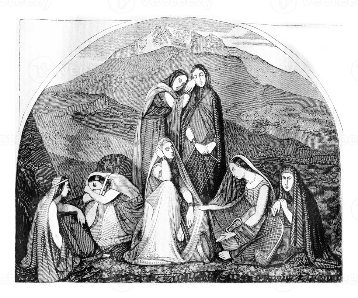 1836 Exhibition of Painting, Jephte's daughter, vintage engraving. photo