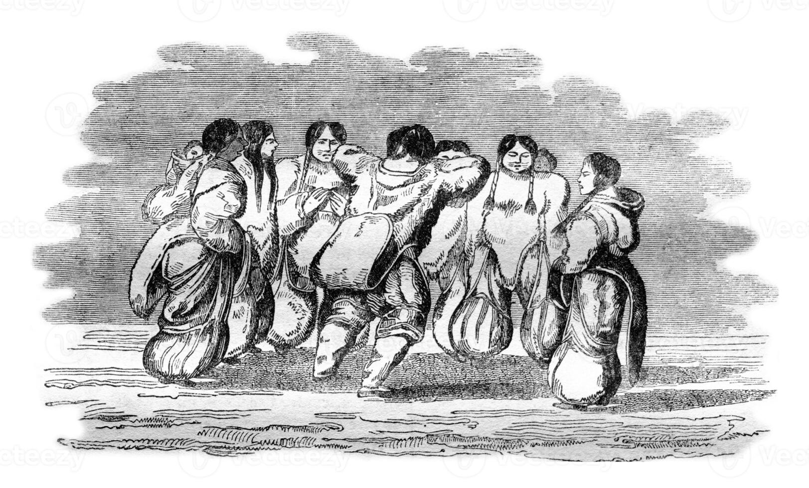 Eskimos a leading women's dance, vintage engraving. photo