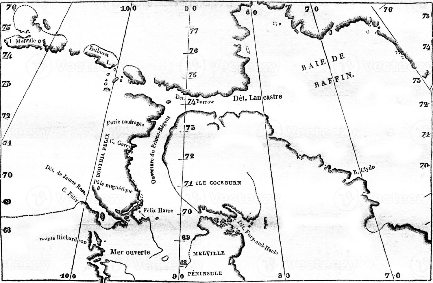 mapa de el descubrimientos de capitán rosa, y del Norte parte de esos de capitán atrás, Clásico grabado. foto