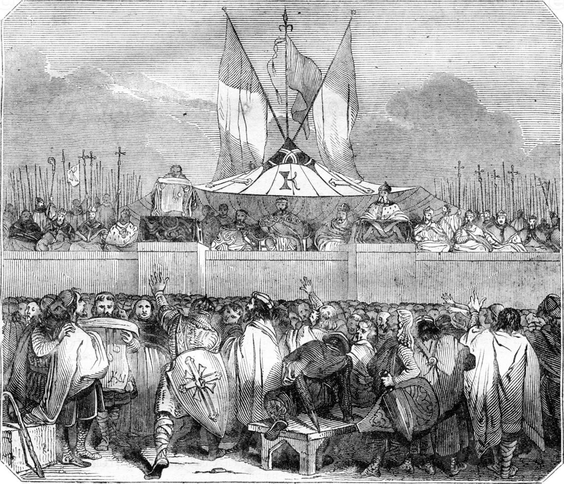 Chapter members public proclamation of Charlemagne, the Champ de Mai, vintage engraving. photo