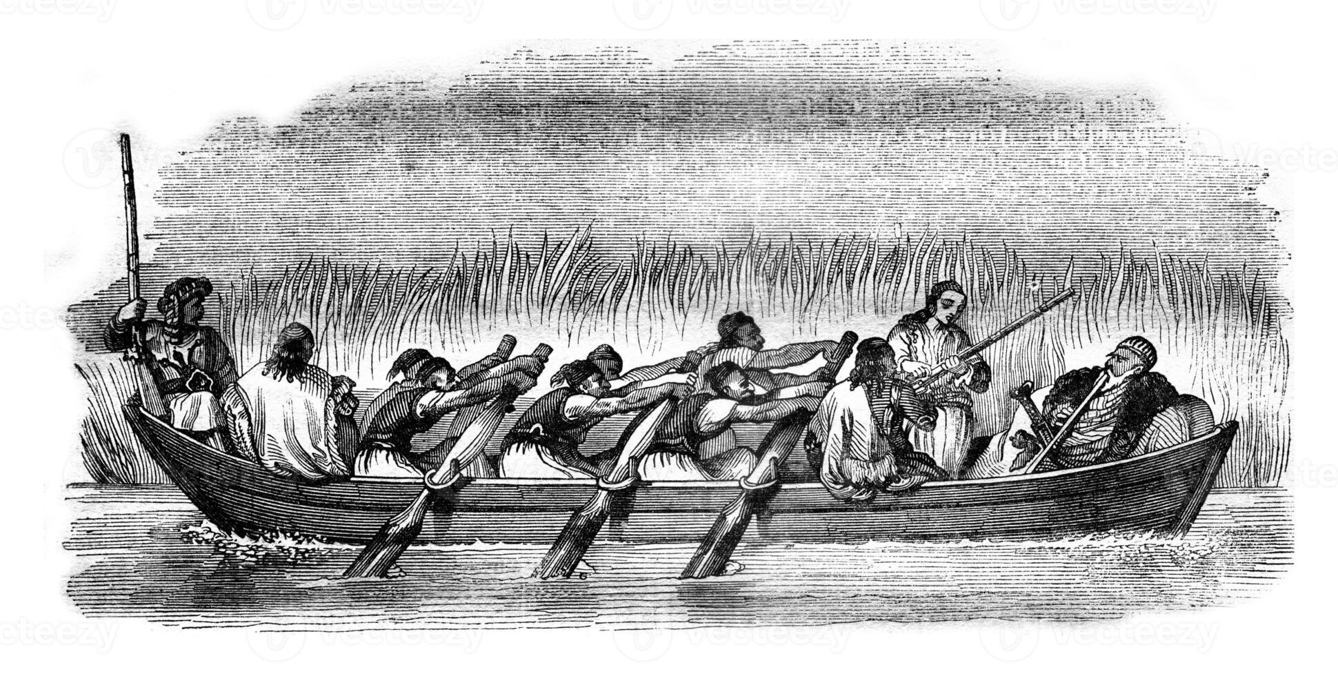 This check is three pairs of oars, set in motion by six rowers., vintage engraving. photo