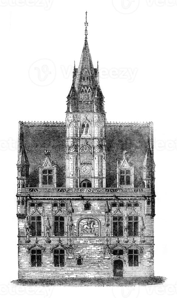 City Hall Compiegne, after a drawing of exhibits at the 1841 show, vintage engraving. photo
