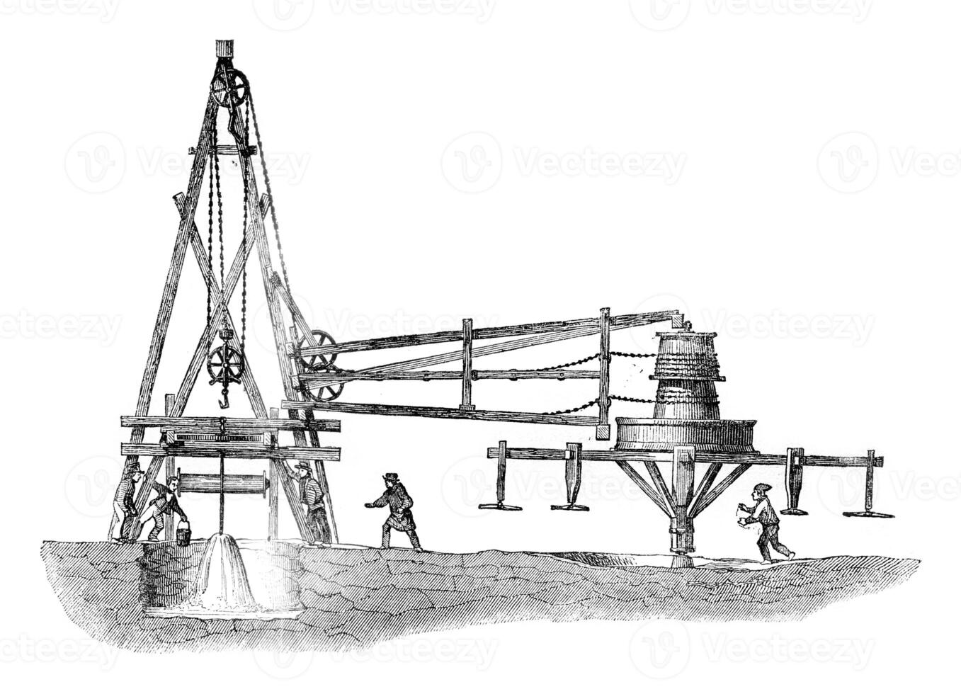 Artesienne Fontaine de Grenelle, and rut to remove and lower the probe, vintage engraving. photo