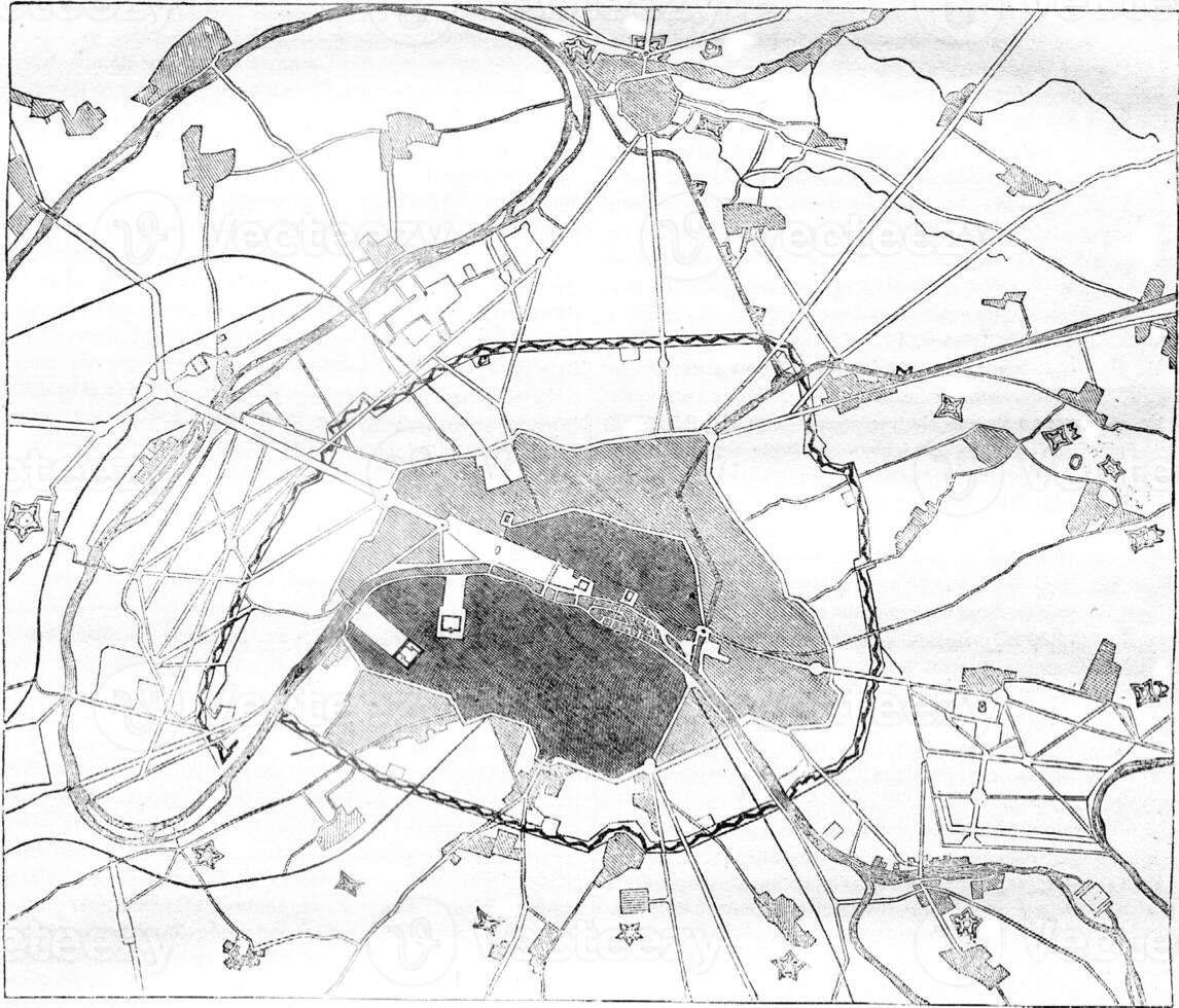 Map of the fortifications of Paris, vintage engraving. photo