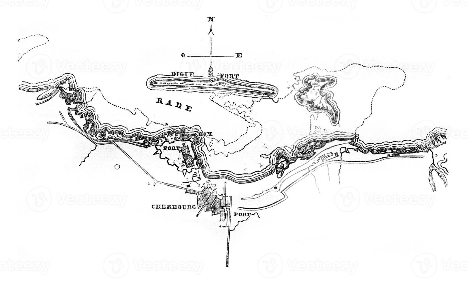 mapa de el puerto y el equipos de Cherburgo, Clásico grabado. foto