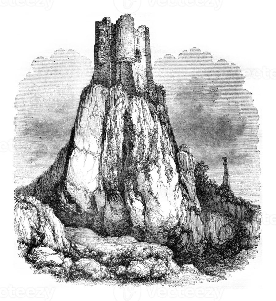 Ruins of the castle of La Rouquette, vintage engraving. photo