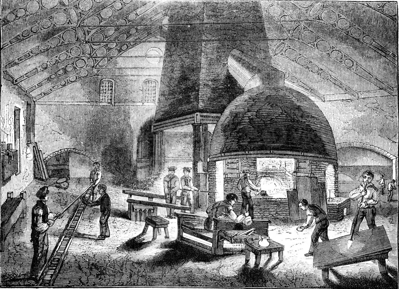 Interior of a crystal factory, vintage engraving. photo