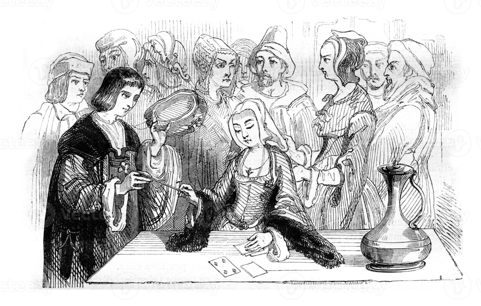 Philippe Lebon consulting a fortune-teller, vintage engraving. photo