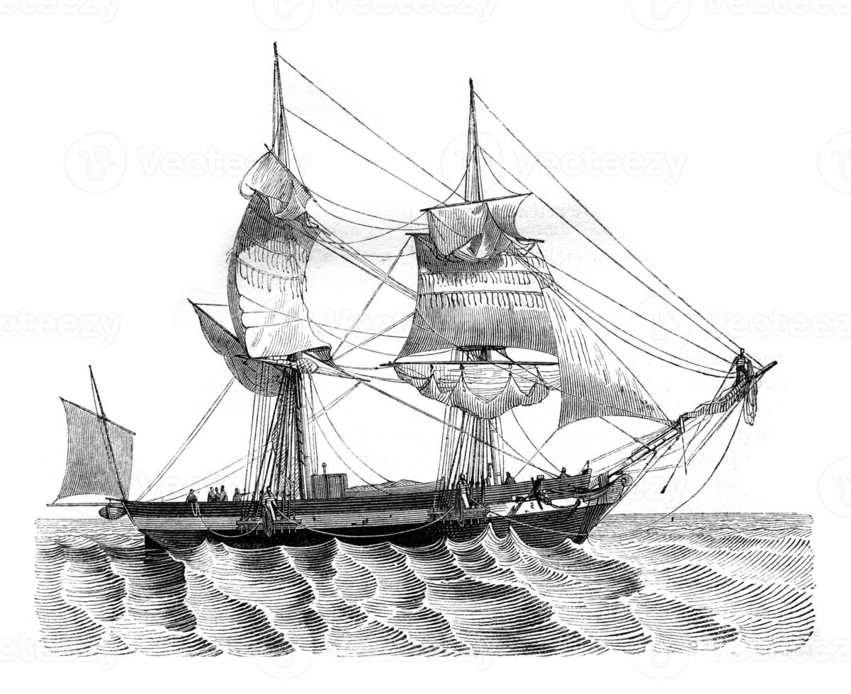 Senau throwing the probe, seen abeam, vintage engraving. photo