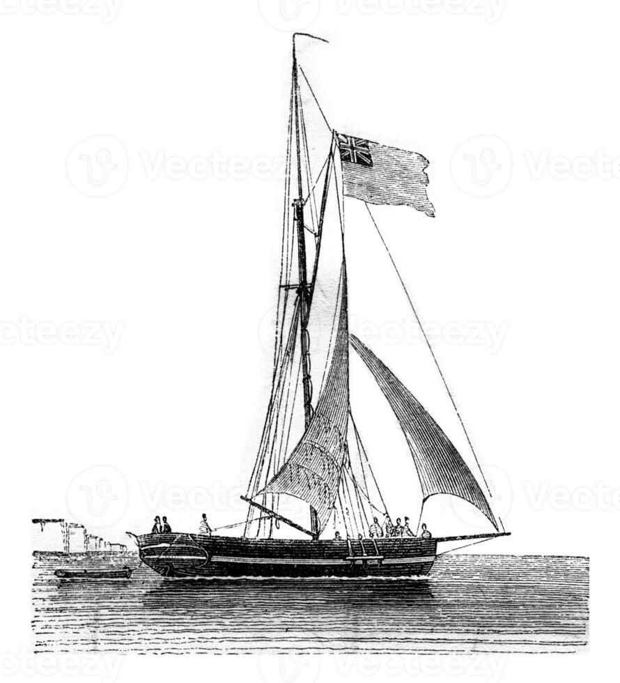Yacht current drops, seen by the starboard quarter, vintage engraving. photo
