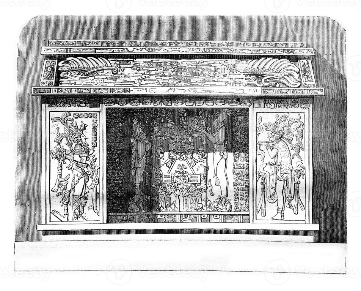 View of Mexican sculpture, made after a drawing Palenque in 1840, vintage engraving. photo
