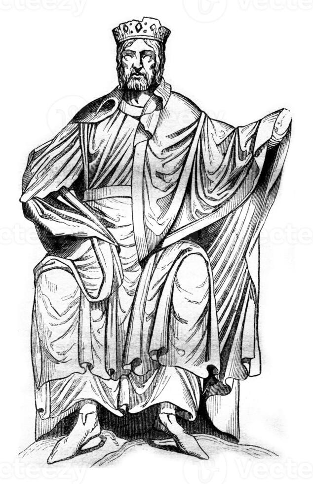 Statue of Dagobert I, Church of St. Denis, vintage engraving. photo