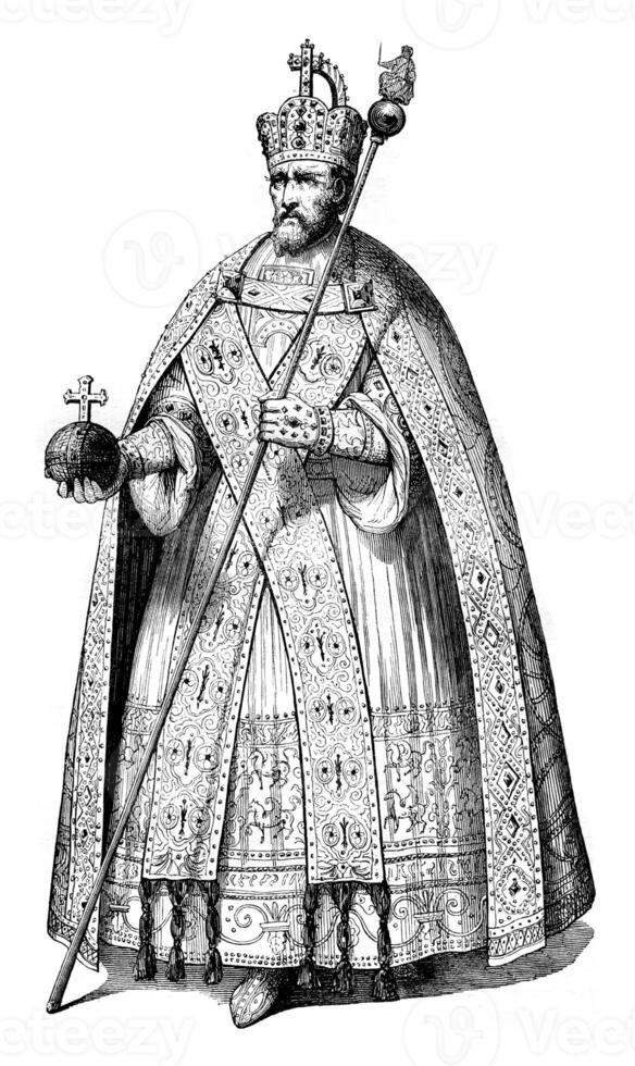 Charlemagne in full dress imperial, vintage engraving. photo