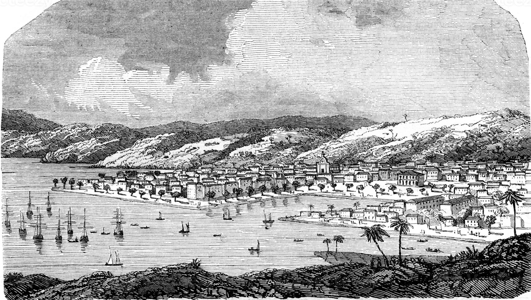 The Guadeloupe, Pointe a Pitre, capital of Grande-Terre, vintage engraving. photo