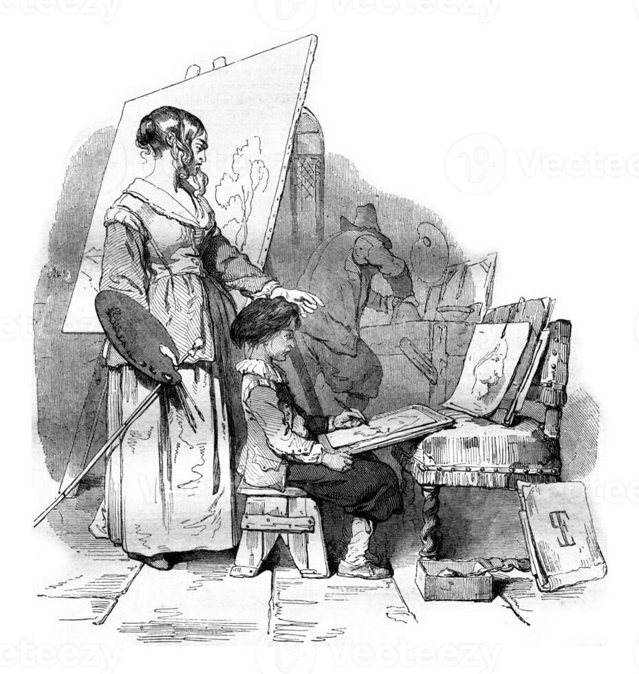 Van Dyck receiving his mother's drawing lesson, vintage engraving. photo