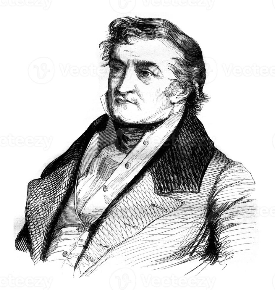 Portrait of Sismondi, and facsimile of his signature, vintage engraving. photo