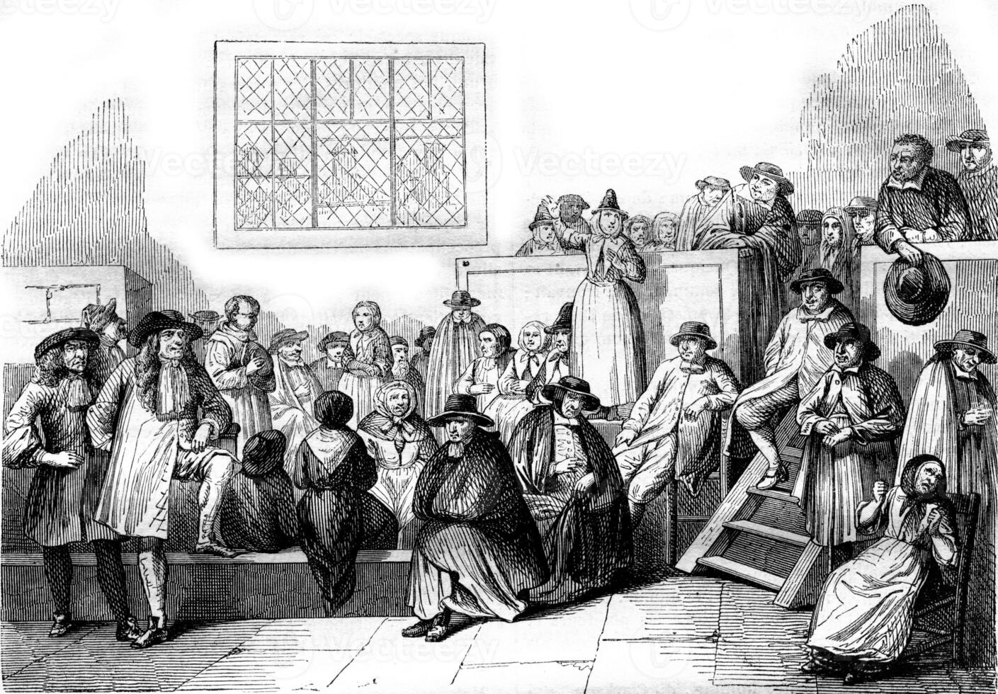 A Quaker meeting in the eighteenth century, vintage engraving. photo