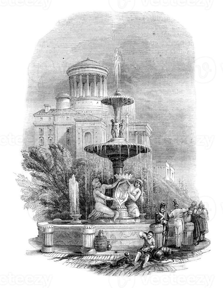Fountain, the Prado, vintage engraving. photo