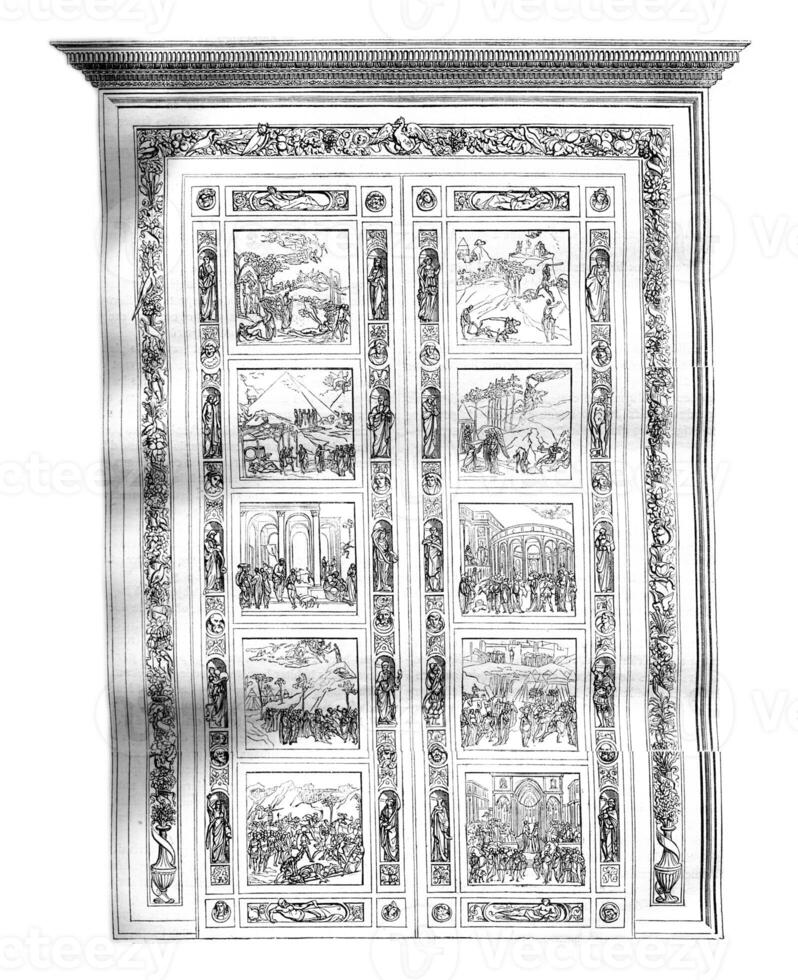 Main gate of the Baptistery of Florence by Ghiberti, vintage engraving. photo