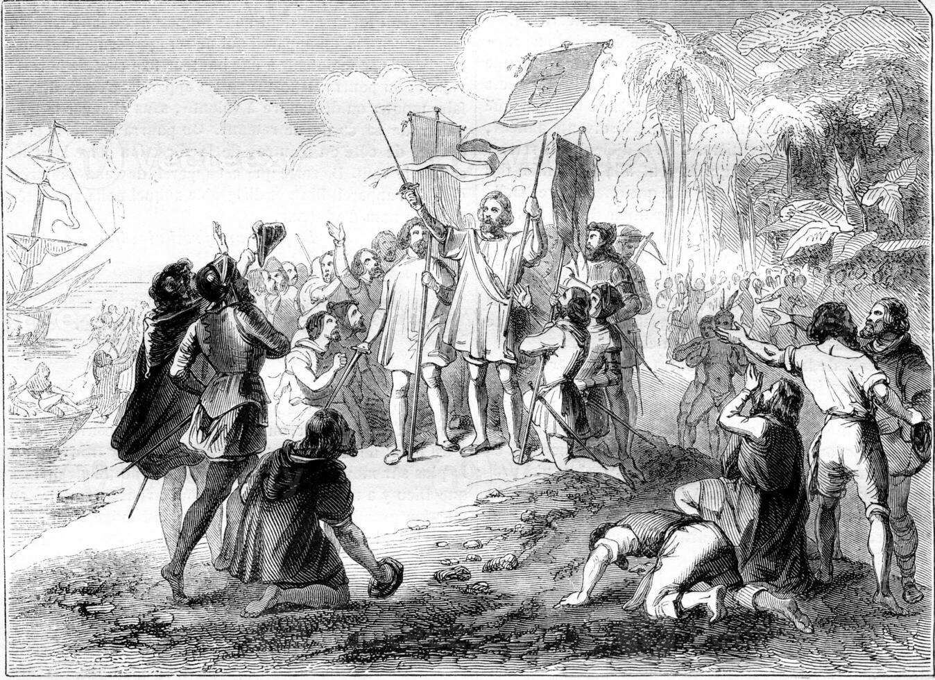 Discovery of the New World by Christopher Columbus, vintage engraving. photo