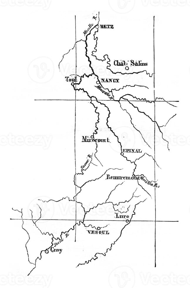 mapa de el línea dibujado Entre el lavabos de el Mosela y el saone, Clásico grabado. foto