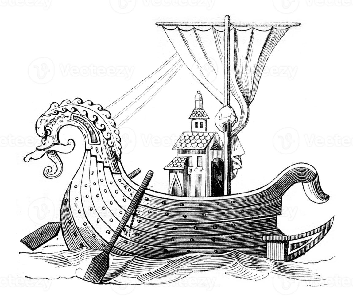 Norman ship, after a manuscript of the Royal Library, vintage engraving. photo