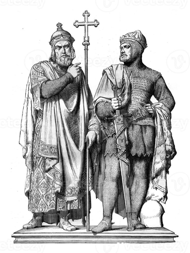 First Miecislas and Boleslaw the Great Bronze group by Rauch, in the Cathedral of Poznan, a city of the Prussian states, vintage engraving. photo