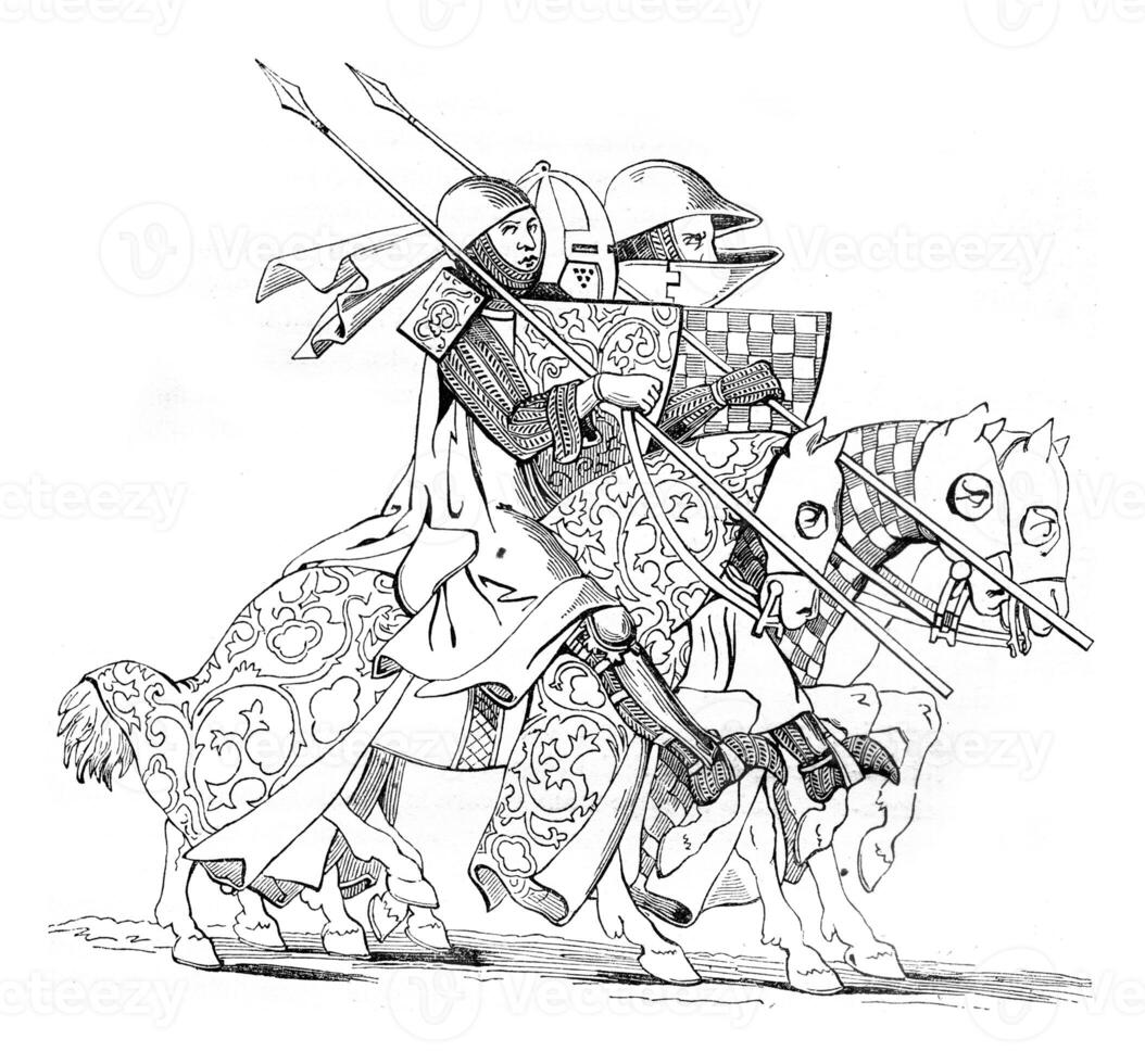 Knights traveling to a tournament, after a manuscript of the fourteenth century, vintage engraving. photo