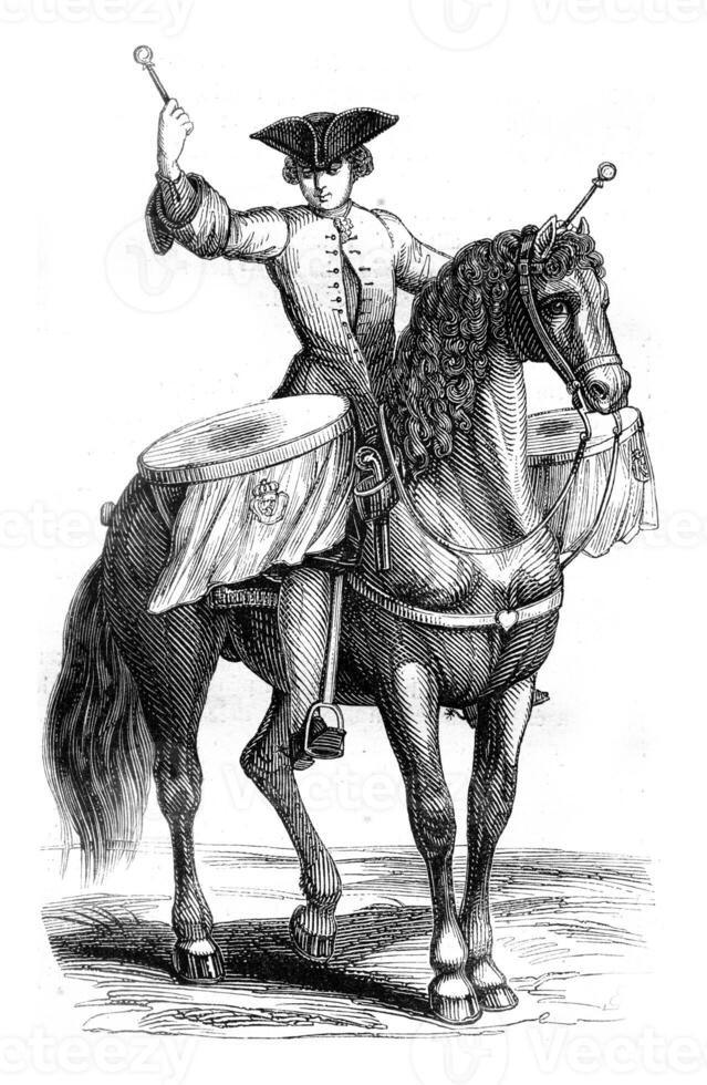 Trombonist a horse, vintage engraving. photo